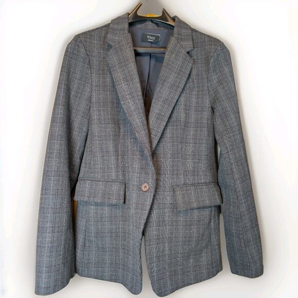 Vici Gray Plaid Mid Length Blazer Jacket One Button Two Pocket Women's S Office - Picture 1 of 8